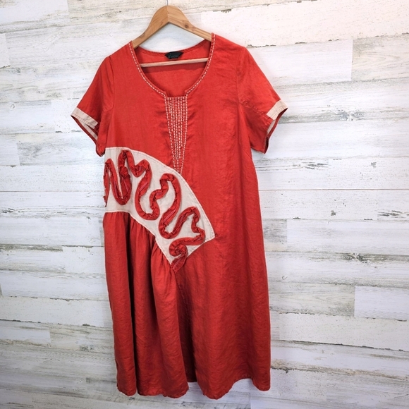 Peacock Ways Linen Lagenlook Casual Dress Sz Large Orange Artsy Folksy Modest - Picture 2 of 14